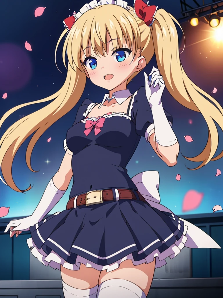 MLTD bg style, (best quality, 8K, masterpiece, HDR, ultra detailed:1.2), cinematic angle, (light particles, sparkle), lens flare, depth of field, bokeh, 
1girl, white gloves, open mouth, microphone, short puffy sleeves, glowstick, smile, petals, maid headdress, frills, blush, solo, stage, white thighhighs, belt, hair bow, hair ribbon, medium breasts, idol, upper teeth only, looking away, aqua bow, frilled skirt, hair ornament, frilled dress, audience, solo focus, concert, zettai ryouiki, spotlight, stage lights, shiny hair, looking afar, buckle, belt buckle, elbow gloves, wing collar, jewelry, petticoat, navel, NSFW show pussy