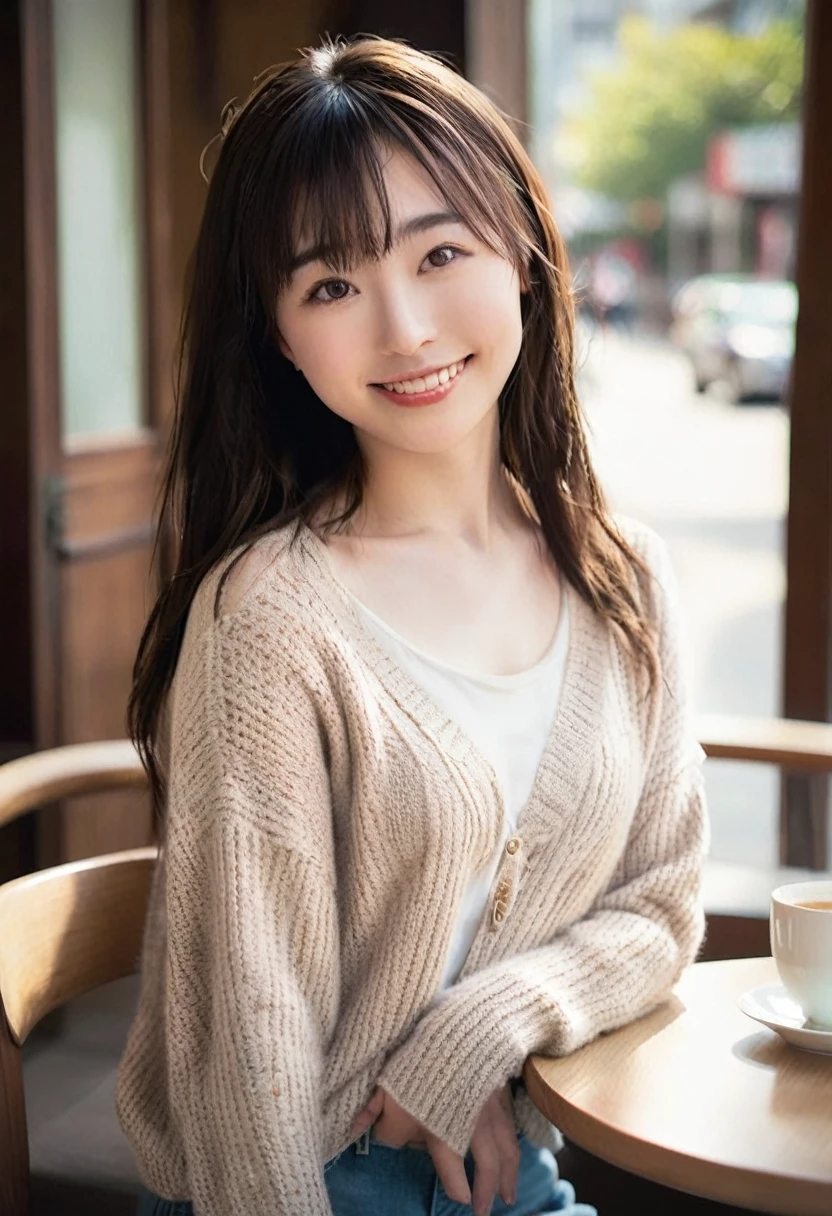 (Highest quality,8K quality,masterpiece:1.3),(Ultra-high resolution,Realistic:1.4,Live Shooting),(Very detailed,Caustics),(Ultra-Realistic Capture,Beautiful and detailed skin),19 years old,Beautiful Japanese, Medium Hair, Asymmetrical bangs, Brown Hair, I'm looking at the camera with a smile on my face,Soft Light,A ray of light shining from above,Natural light，((Summer Sweater))，(((One Woman))),Open Cafe,((Afternoon tea))