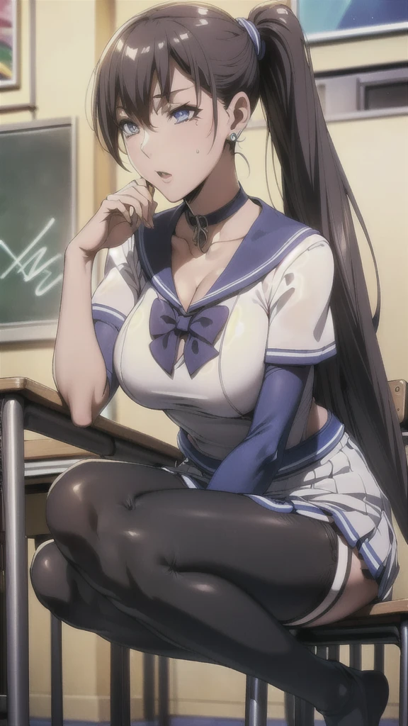 ((Correct Anatomy))、(Female student)、((school uniform))、((Short sleeve))、(Mini Pleated Skirt),(((Black Stockings))),((garter belt)),((School classroom)),Ultra-high resolution, squat,Mature Woman, Mature Woman, Very detailed, (Big Breasts),((Beautiful feet)),Perfect hands, Detailed fingers, Beautiful details, ((Long Hair)),((ponytail)),Black Choker, Earrings,Perfect Eyes, Captivating eyes, 