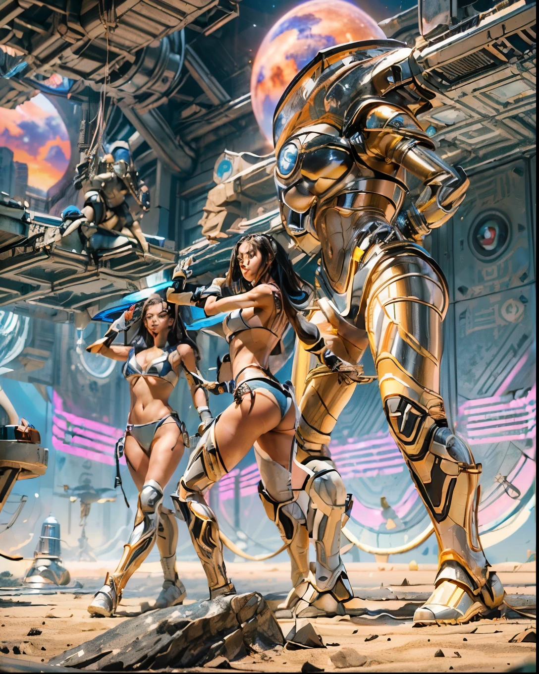 (((low angle shot))), ((women fighting in war wearing ultra thin translucent bikini with gorgeous muscular long legs)), ((pink silver black)), prismatic, reflective, ((ultra perfect flowing hairstyle)), (((huge natural breasts, tan lines))), ((perfect radiant skin color)), ((super colourful)), (((cinematic sunset gorgeous skies))), (((detailed spaceship background and incredibly sci-fi retro art masterpiece))), (((1:1 scale proportions))), ((science fiction)), ((chrome spaceships)), (((ultra photorealistic realism))), ((Smooth curves, clean lines, streamlined, functional aesthetics, reflective surfaces, integrated lighting, giant floating spaceships, engraved Egyptian and spiritual motifs)), ((acrylic plastic robot))