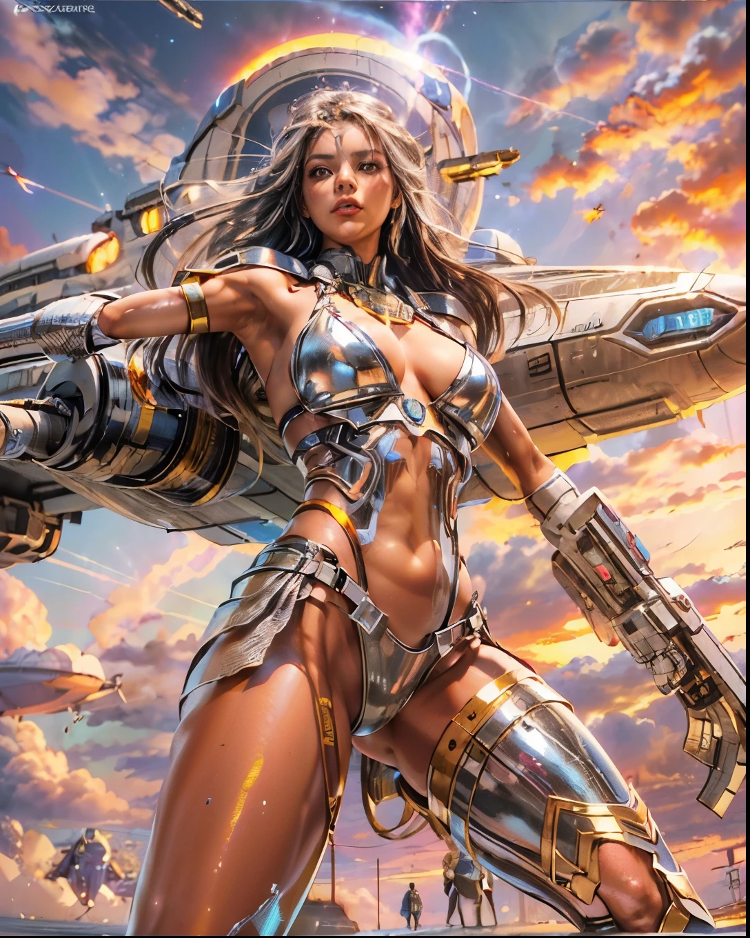 (((low angle shot))), ((women fighting in war wearing ultra thin translucent bikini with gorgeous muscular long legs)), ((pink silver black)), prismatic, reflective, ((ultra perfect flowing hairstyle)), (((huge natural breasts, tan lines))), ((perfect radiant skin color)), ((super colourful)), (((cinematic sunset gorgeous skies))), (((detailed spaceship background and incredibly sci-fi retro art masterpiece))), (((1:1 scale proportions))), ((science fiction)), ((chrome spaceships)), (((ultra photorealistic realism))), ((Smooth curves, clean lines, streamlined, functional aesthetics, reflective surfaces, integrated lighting, giant floating spaceships, engraved Egyptian and spiritual motifs)), ((acrylic plastic robot))