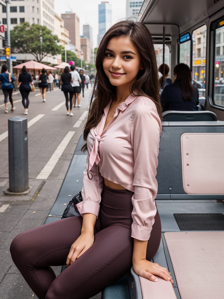 generated a full body of a 21 years old young woman with dark brown hair, medium size chest, shy smile, sit On a bus bench, leans back slightly, wearing light pink leggings and a soft pink silk blouse with a tie-neck detail. The side view captures the relaxed yet stylish vibe of her ensemble, with the city’s skyscrapers and street life providing a vibrant, textured background