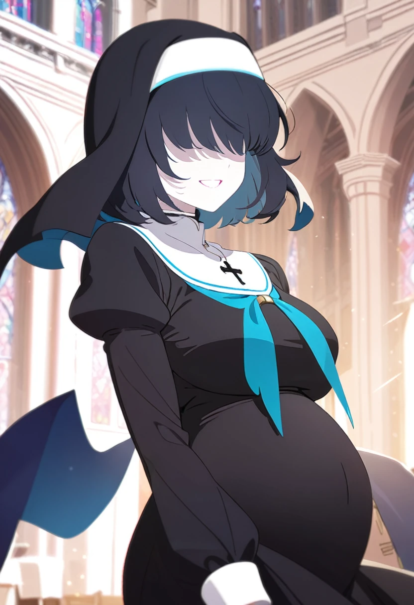 1girl, nun, cross, cross necklacke, jewelry, black hair, turquoise bangs, very short hair, hair over eyes, pale skin, turquoise eyes, black dress, church, smile, big belly, (masterpiece), best quality, anime style