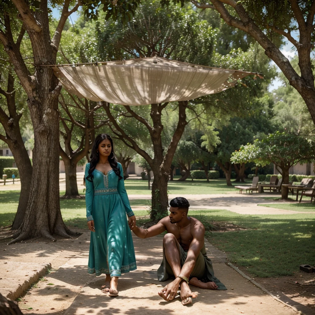 Amara and Malik gradually recovering together in a serene setting, with Amara showing care and affection towards Malik, symbolizing their growing bond, under the shade of a large tree in the village, in 16:9 dimension."