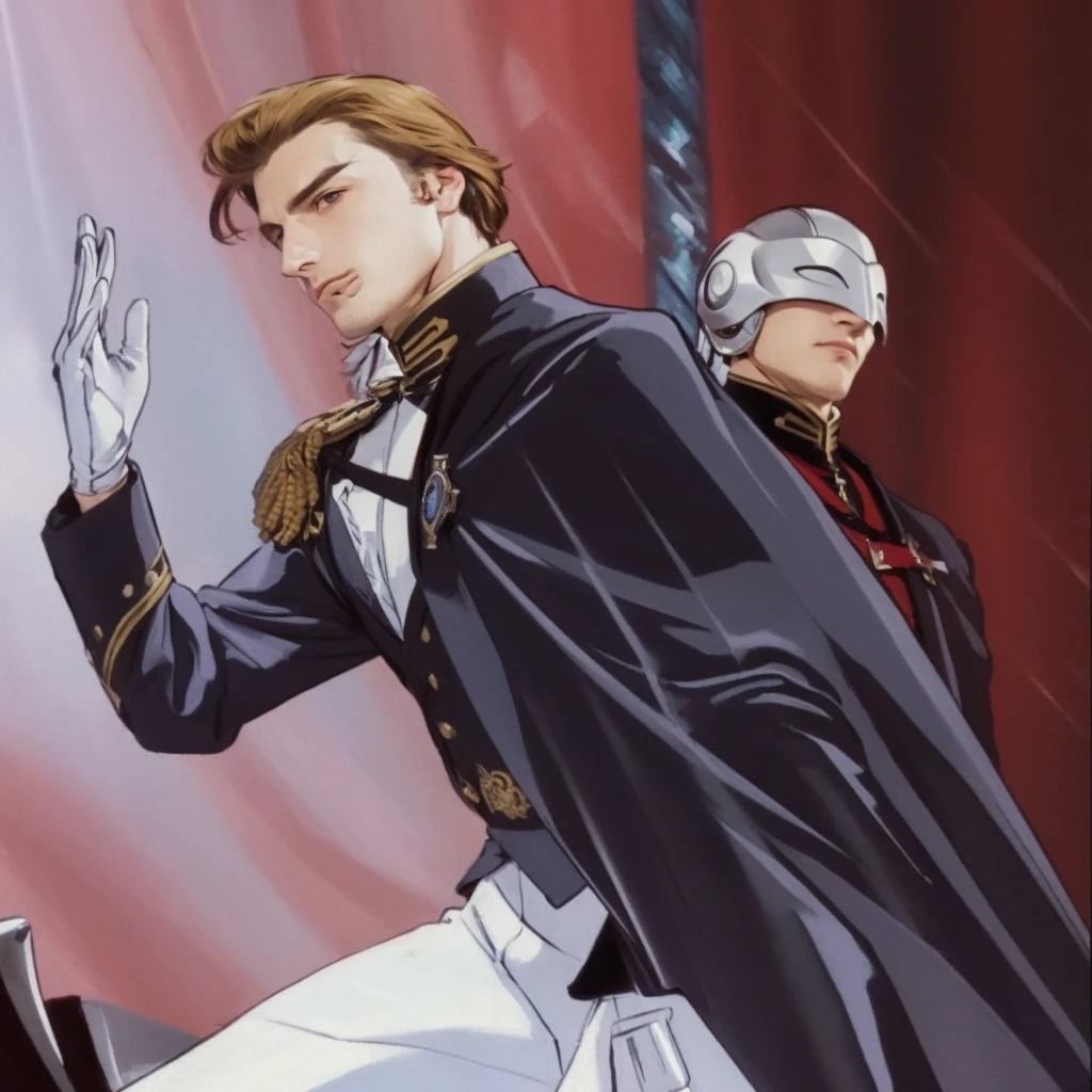 A noble handsome european man from the victorian age, behind him there's a first lieutenant who is covering his upper half head with a metal grey mask