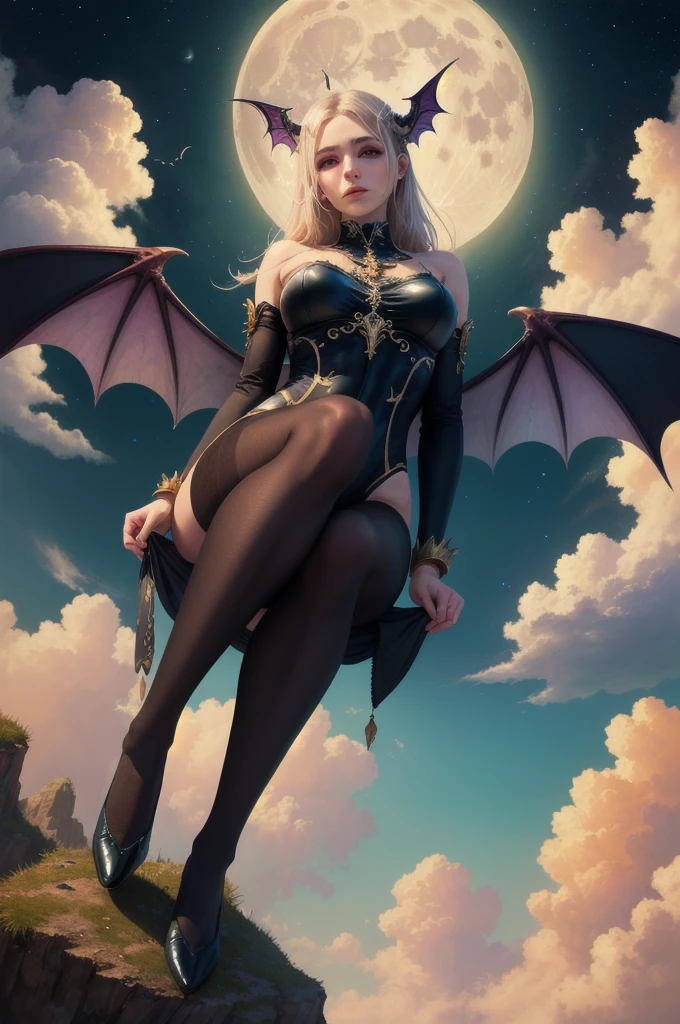 ((best quality)), ((masterpiece)), (detailed), succubus, ethereal beauty, perched on a cloud, (fantasy illustration:1.3), enchanting gaze, leotard, pantyhose, stockings, bodysuit, captivating pose, delicate wings, otherworldly charm, mystical sky, large moon, moonlit night, soft colors, (detailed cloudscape:1.3), (high-resolution:1.2), from below, (rating_explicit), (score_9, score_8_up, score_7_up, score_6_up, score_5_up, score_4_up, high res, 4k)