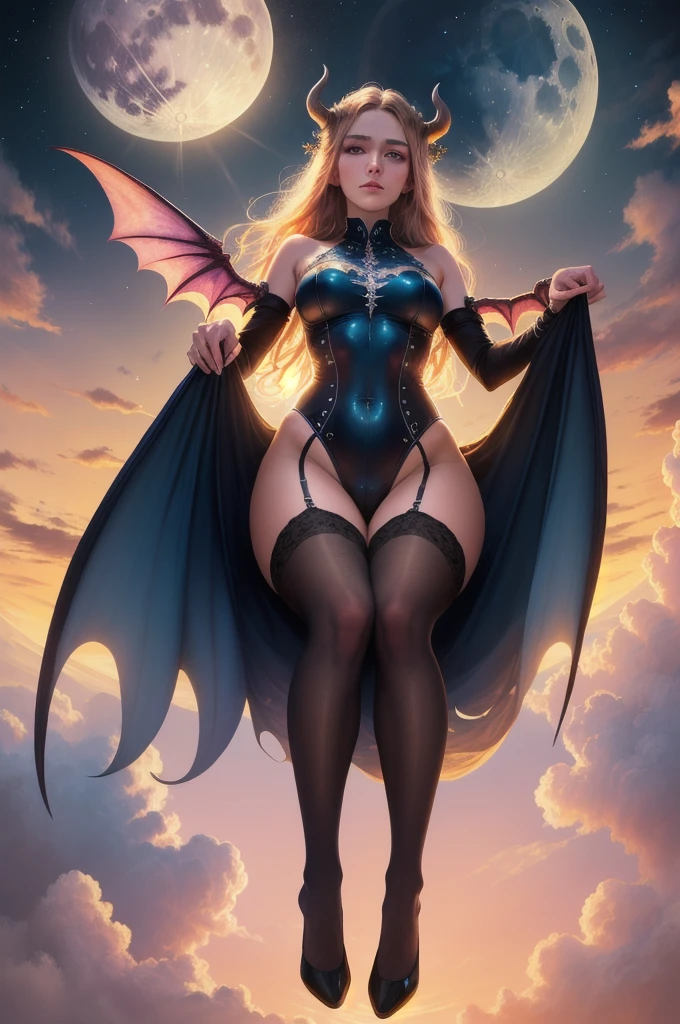 ((best quality)), ((masterpiece)), (detailed), succubus, ethereal beauty, perched on a cloud, (fantasy illustration:1.3), enchanting gaze, leotard, pantyhose, stockings, bodysuit, captivating pose, delicate wings, otherworldly charm, mystical sky, large moon, moonlit night, soft colors, (detailed cloudscape:1.3), (high-resolution:1.2), from below, (rating_explicit), (score_9, score_8_up, score_7_up, score_6_up, score_5_up, score_4_up, high res, 4k)