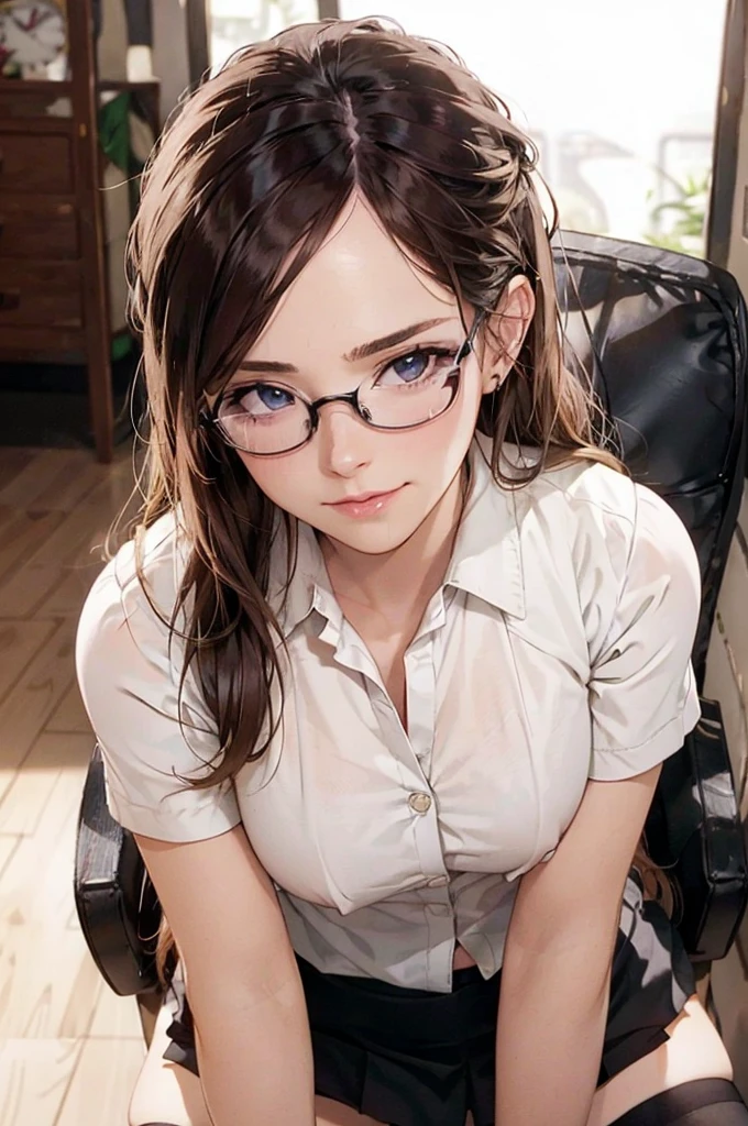 Masterpiece, 最high quality, high quality, High resolution, high quality texture, high quality shadows, High resolution, Beautiful details, Detailed CG, Detailed Texture, Realistic representation of face, Realistic, colorful, delicate, Cinematic Light, Side light, Lens flare, Ray Tracing, sharp concentrated, (1 Girl,concentrated:1.3), ( Intricate details, compensate, PureErosFaceV1:0.5), (細部まで美しいdelicateな顔, 緻密で美しいdelicateな瞳, Perfect Facial Proportions, Dense skin, Optimal ratio of four fingers to one thumb,Unified 8k wallpaper, Arms under chest, Modest chest, Wide Hips, Smooth upper abdomen, 35 years old, blue eyes, glasses, air fortress hair, blonde hair, house wife, the gaze of true love, lips of temptation, A look full of compassion ,a smile full of love, i love you, Acting lovey-dovey, I love you so much I'm crazy,
cabin attendant uniform,white blouse,tight fitting black skirt,black stockings, excellent secretary ,working as a secretary, wooden desk, wooden chair, show off under white shirt,nsfw