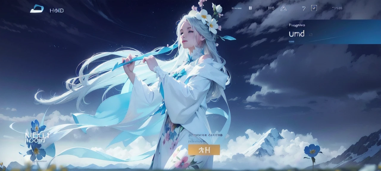 1girl, dynamic angle, cloud and mountain, (flower field:1.4) in the foreground, white dress, light tracing, (floating colorful wind:1)
(photorealistic:1.4), official art, unity 8k wallpaper, ultra detailed, beautiful and aesthetic, masterpiece,best quality, glowing skin, cinematic lighting, light smile