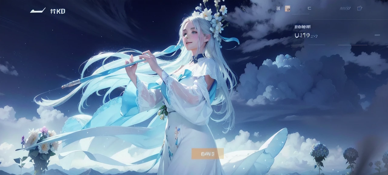 1girl, dynamic angle, cloud and mountain, (flower field:1.4) in the foreground, white dress, light tracing, (floating colorful wind:1)
(photorealistic:1.4), official art, unity 8k wallpaper, ultra detailed, beautiful and aesthetic, masterpiece,best quality, glowing skin, cinematic lighting, light smile