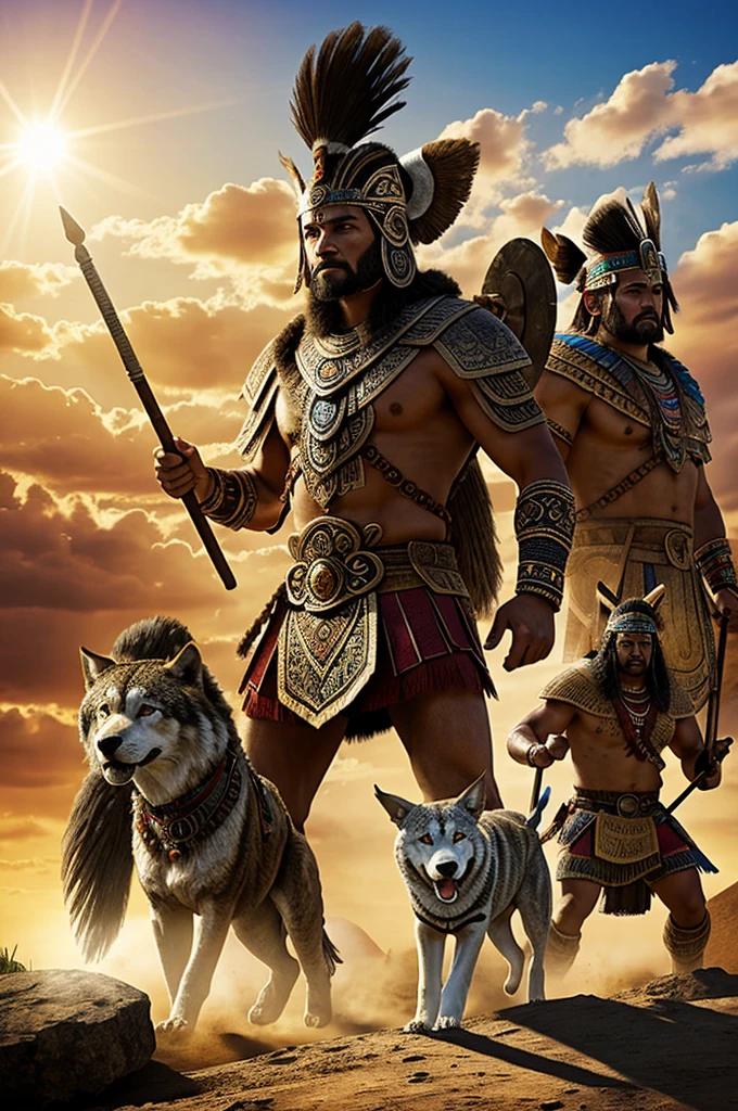 Make an image for a banner, that has to do with Mayan warriors, Lobos, and the sun