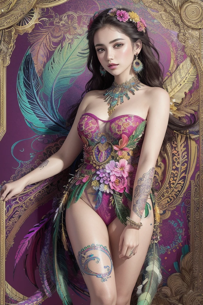 (official art, beautiful and aesthetic:1.2), (1girl:1.3),(fractal art:1.1),(colorful:1.1)(flowers:1.3),highest detailed,(zentangle:1.2), full body, (abstract background:1.3), (shiny skin), (many colors:1.4), ,(earrings), (feathers:1.5),, blonde, blue eyes