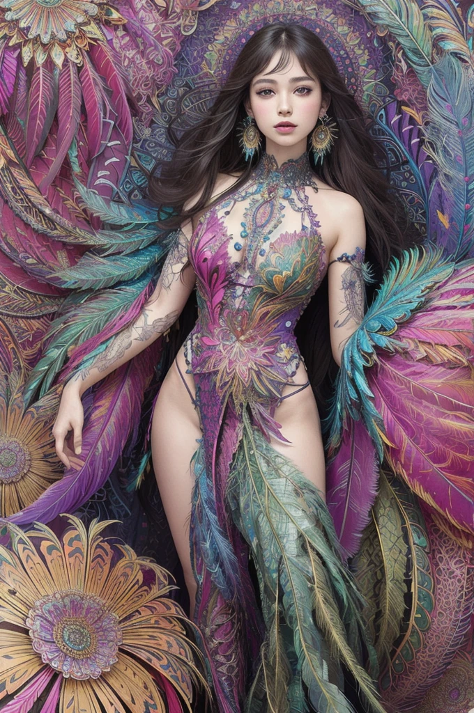 (masterpiece, top quality, best quality, official art, beautiful and aesthetic:1.2), (1girl:1.3), extremely detailed,(fractal art:1.1),(colorful:1.1)(flowers:1.3),highest detailed,(zentangle:1.2), full body, (abstract background:1.3), (shiny skin), (many colors:1.4), ,(earrings), (feathers:1.5),
