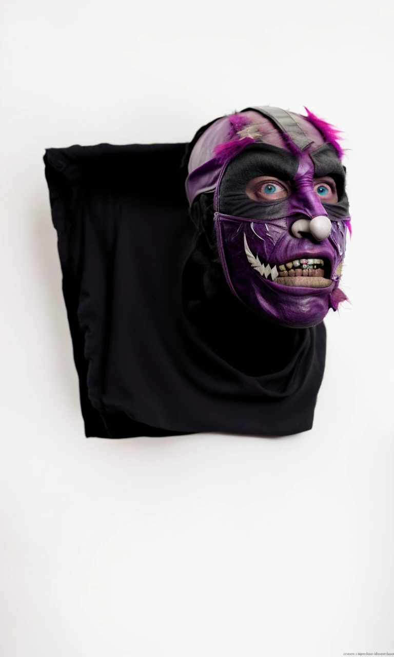 A man in a black mask with a black eye and a purple mouth sewn on, with one side of the mask cracked with red