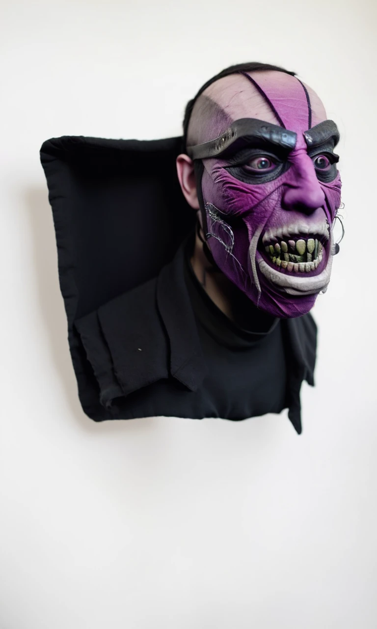 A man in a black mask with a black eye and a purple mouth sewn on, with one side of the mask cracked with red 