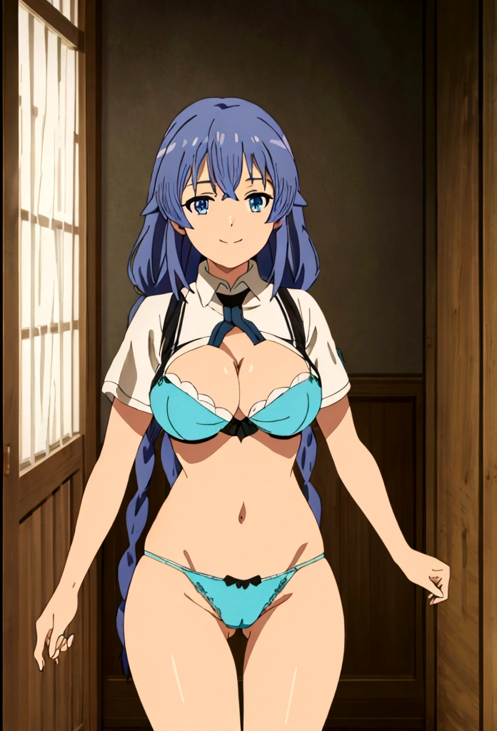 (extremely detailed CG unity 8k wallpaper), (masterpiece), (best quality), (ultra-detailed), (best illustration), (best shadow), (absurdres), 1girl, solo, pefrect face, perfect eyes, shining breasts, close the camera perky tits, vivid colors, cleavage, vivid, mediumbreasts, twin braids, long hair, blue hair, blue eyes, seductive smile, turquoise lace bra, turquoise lace panties, turquoise lingerie, cameltoe, no clothes, only lingerie