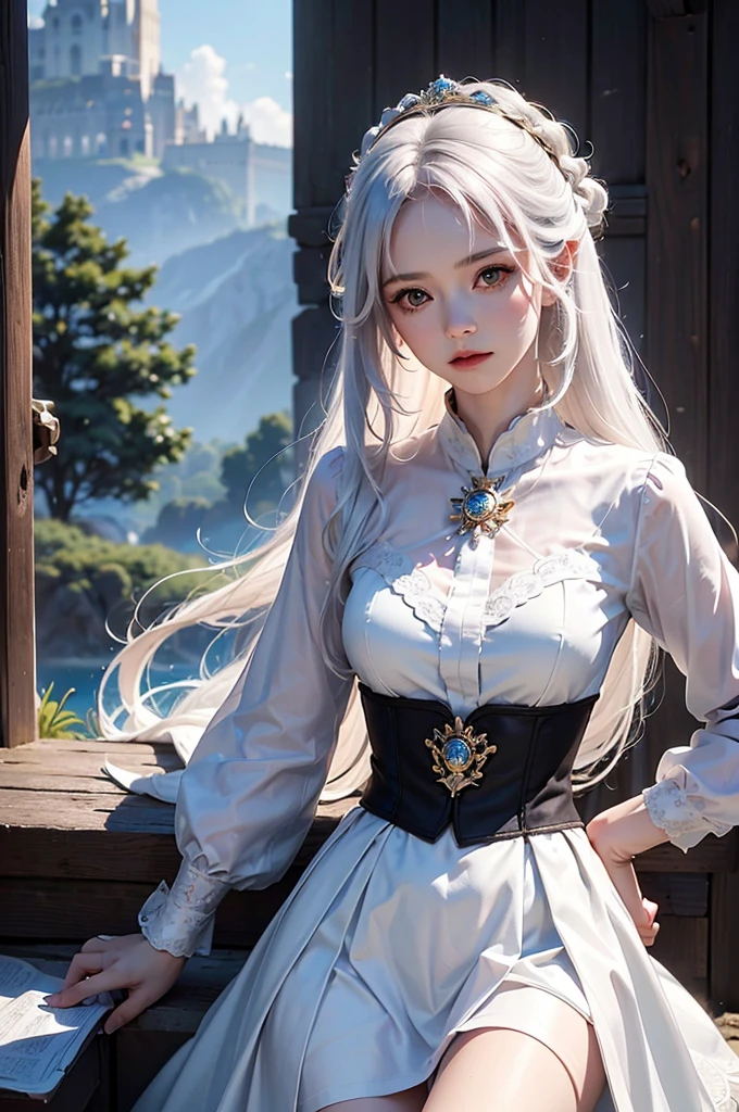 Dark ambiance,old European townde in the background、white wolf、 ((highest quality、masterpiece、8k、best image quality、ultra high resolution、Award-winning work)、(accurate anatomy:1.1)、(look at me and smile:1.1)、Shining fair skin with ultra high resolution、most detailed face、ultra high resolution detailed face、white short hair flowing 、Beautiful face drawn in every detail、(blurred background:1.1)、traditional Georgia man costume, tiny breast, real wolf beside the girl