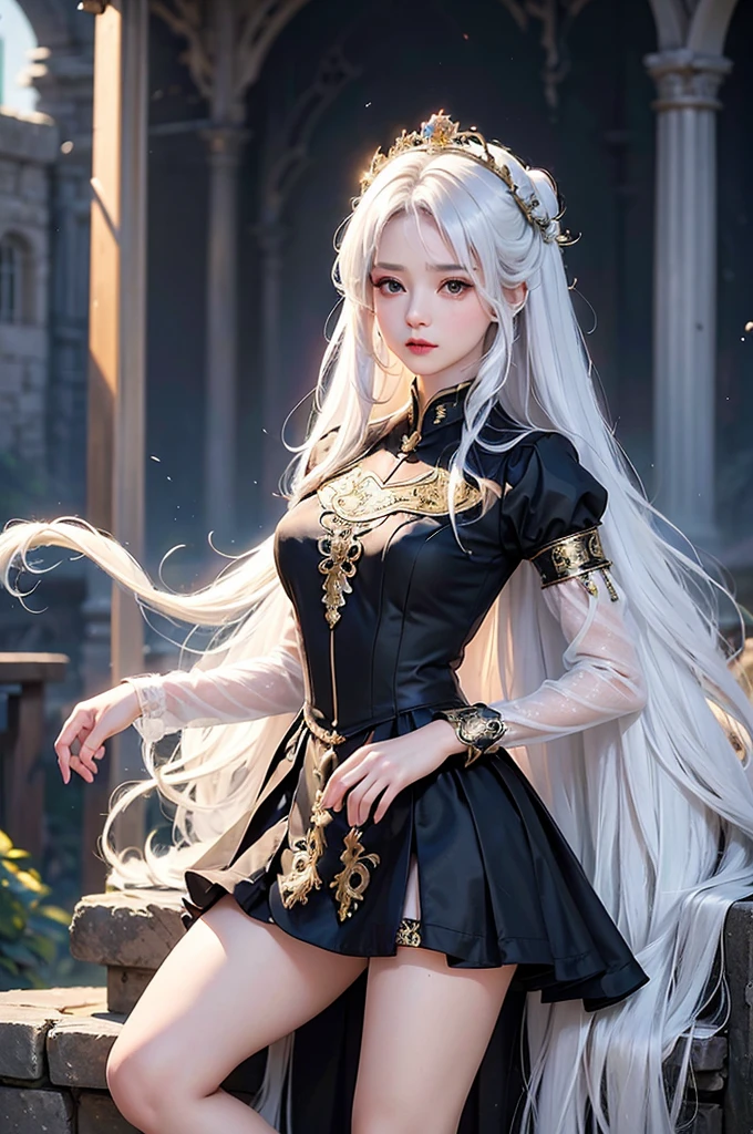 ((masterpiece:1.5,Highest quality,Highly detailed images,Beautiful images、Realistic、Photorealistic、2.5D))(1girl, 独奏)(Adult women、medium breasts, white hair, black eyes, Healthy legs、Tight ass、Beautiful cleavage)(Fantasy dresses、Fantasy Clothes、Black battle dress、Deep slit)(smile, wind, floating hair)(bright、Soft lighting、Inside the castle、The King's Chamber）
