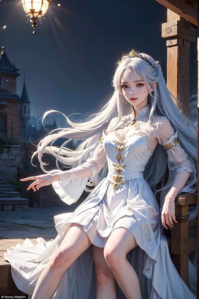 ((masterpiece:1.5,Highest quality,Highly detailed images,Beautiful images、Realistic、Photorealistic、2.5D))(1girl, 独奏)(Adult women、medium breasts, white hair, black eyes, Healthy legs、Tight ass、Beautiful cleavage)(Fantasy dresses、Fantasy Clothes、Black battle dress、Deep slit)(smile, wind, floating hair)(bright、Soft lighting、Inside the castle、The King's Chamber）
