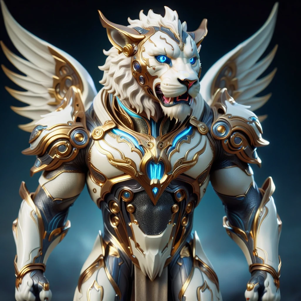 hyper detailed masterpiece, dynamic, incredible quality, ivory semi-ghost, mythical creature, lion body, poisonous stinger tail end, human face, sharped teeth, mane around the head and neck, Powerful muscular physique, spikes, distinct fierce expression, formidable legendary beast, fancy, fairy tale, big angel wings, looking straight ahead, face facing directly towards the screen, piercing gaze at the camera, with normal lion ears, no armor on the face
