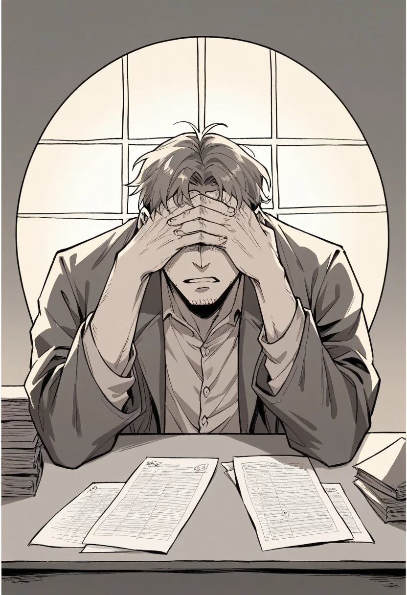 The Flah sitting at a desk, head in hands. Papers strewn all over tables, coat hanging in the corner, half opened filed with the name "DIBNY" written on it. Sun leaking into the room through the blinds. A sense of regret and loss,