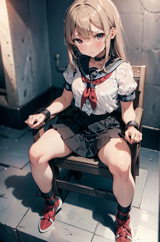 1 girl, (blushing, terrified, crying), tied to a chair, strapped to chair, (tight clothing, short sleeve, mini-skirt, sailor uniform, shoeless), ((inside basement, kidnapped)), long hair, (wrist cuffs, ankle cuffs, wrists tied, ankles tied), perfect body, big chest, big thighs, detailed face, focus on face, detailed eyes, sharp focus, full body