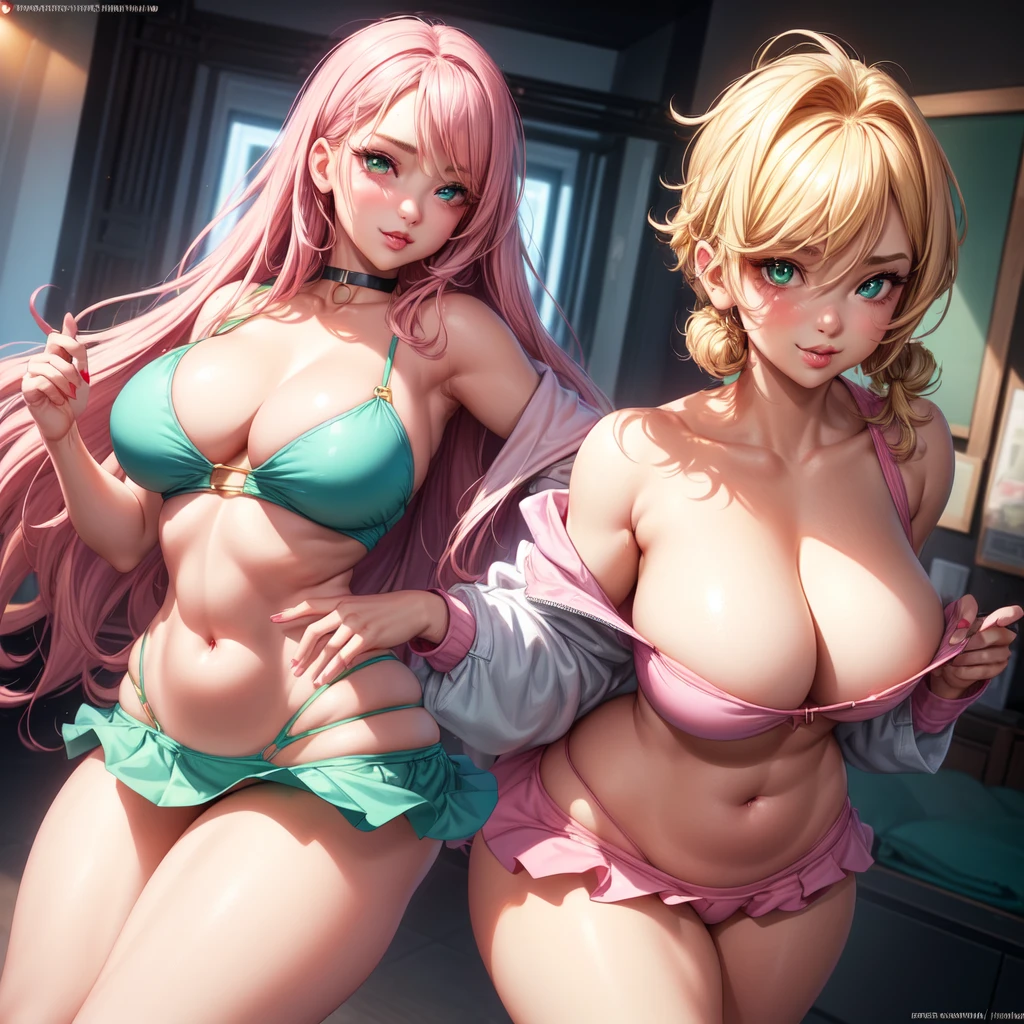 ((1 girls), solo, clevage, Big round breasts, trendy, stylish, clevage, thighs, hips, realistic, pink hair, blonde hair, light green eyes, lip gloss, detailed face, amazing big eyes, eye details, big lips, eyebrow details, pink mini skirt, crop top blush, confident, dominant, bdsm, smirk, naughty, mischevious face, HD, good quality, curvy, standing up, thick thighs, attractive, amazing body, perfect body, slim thick, indoors, color bikini, armpits, clevage, bedroom