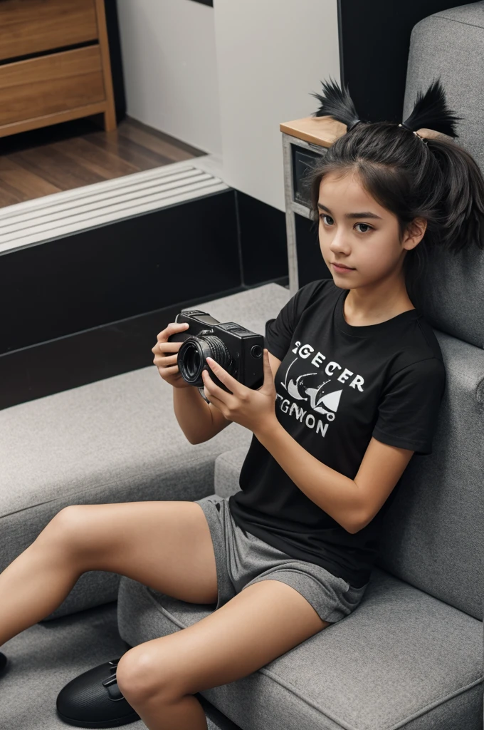 A girl in gray shorts, like a tail, taking a photo covering his face, with black claw slippers and a black t-shirt 