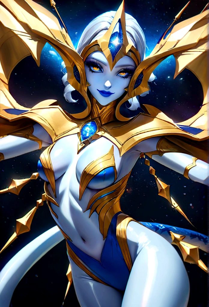 A shimmering galactic siren, her star eyes glistening with the allure of the unknown. Her silver-blue skin, slick and seductive, perfectly complements the curves of her cybernetic tail. A vision of pure, mysterious beauty, she rises from the depths of the deep space, a sultry smile on her luscious lips, a glint of mischief in her eyes