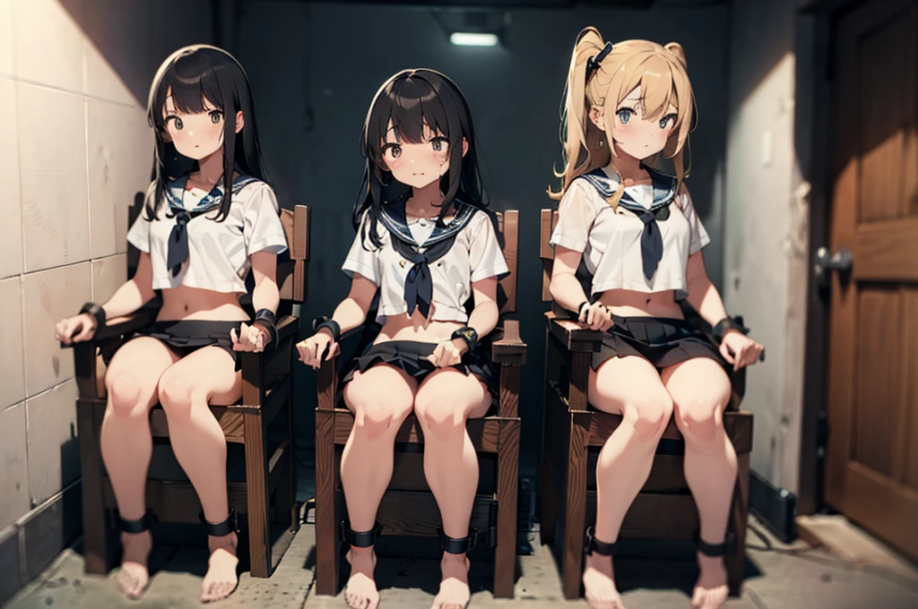 3 girls, (blushing, terrified, crying), tied to chairs, strapped to chairs, (tight clothing, short sleeve, mini-skirt, sailor uniform, shoeless), ((inside basement, dark room)), long hair, (wrist cuffs, ankle cuffs, wrists tied, ankles tied), perfect body, big chest, big thighs, detailed face, ((focus on face)), detailed eyes, sharp focus, full body