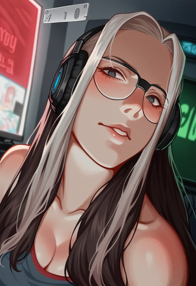 ((work of art)), (((best qualityer)))), ((illustration)), (Depth of field: 1.2),standing alone,dynamic angle,1 girl,Hacker beautiful 28 year old girl with medium skin, Inside the house, hall, Dim hall, Sci-fi, neon, neon Lights, cyber punk, Computer hall, Gaming Headphones, Computer equipment, Ethical hacker, Server hall Background, display lights, Monitors, (LED Monitors, surrounded by multiple display Monitors: 1.5), gaming chair, dark haired, 2 mechas de cabelo brancas na parte da 正面, long hair, lightweight cyber clothing, energetic drinks, cables, messy room, 正面, fund, Talking to the camera