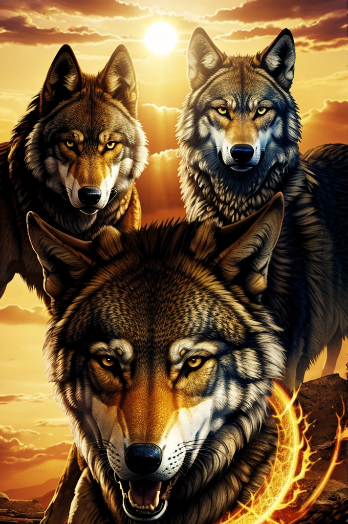 Make an image for a banner, of a Mayan warrior, wolves and the sun, that it is not such a detailed image 