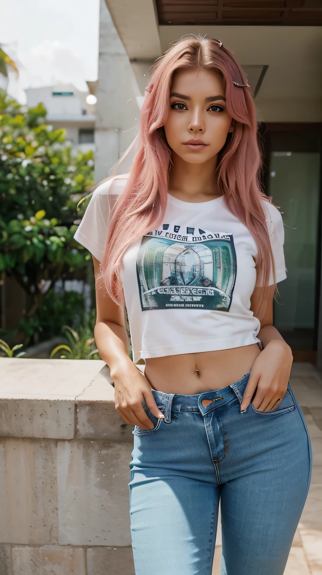 Create a realistic portrait of a beautiful Brazilian influencer named Isabela Costa. She is 1.75 m tall and weighs 58 kg, with straight pink hair, styled elegantly and without frizz. Isabela has large, expressive light green eyes and an oval face with delicate, symmetrical features. Her makeup is subtle, highlighting her natural beauty. ((wearing a t-shirt and jeans)),  ((front angle - fully facing the camera)), ((looking at the camera))