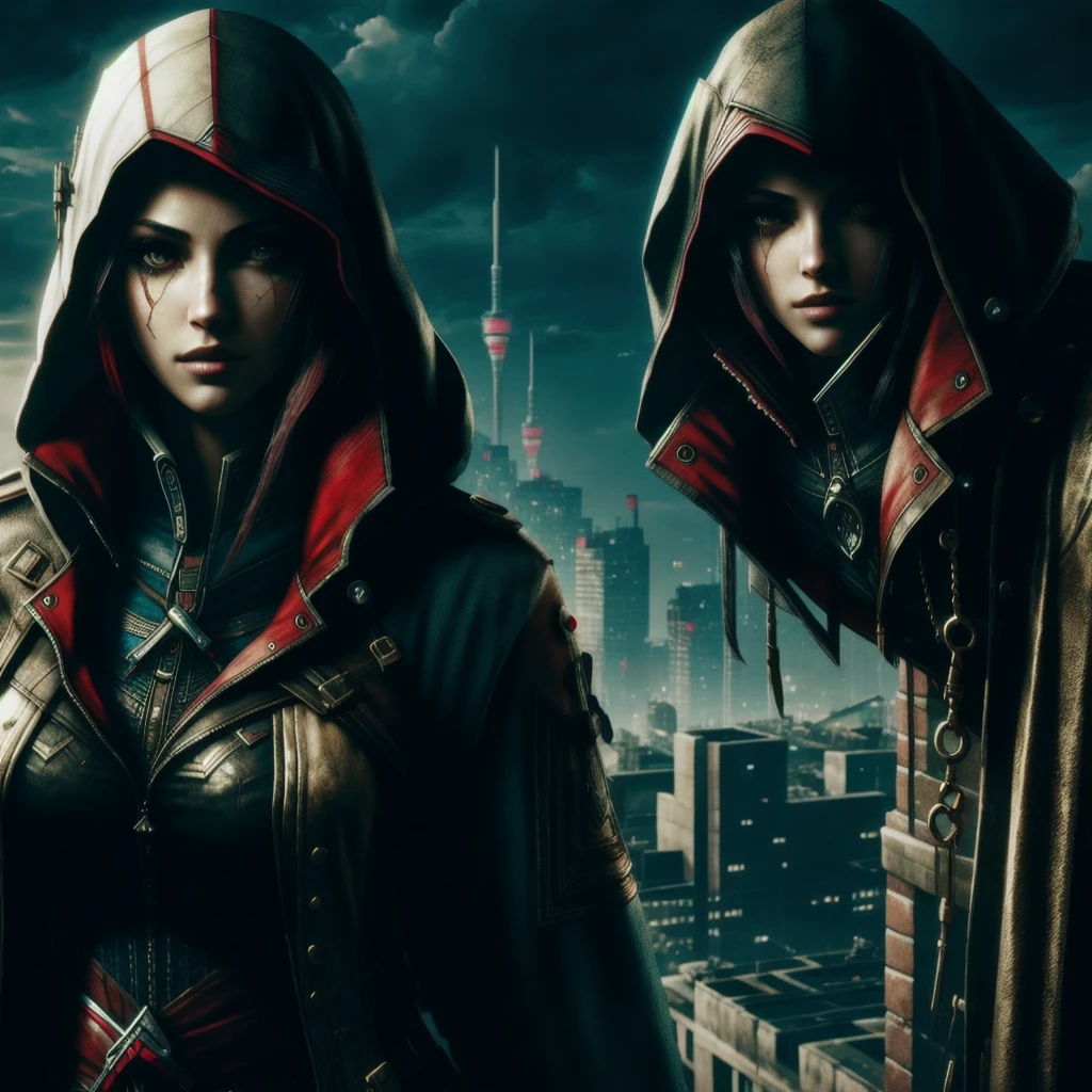 beautiful girl, cyberpunk, Assassin's Creed style, on the roof of a building, beautiful city, night, rainy weather