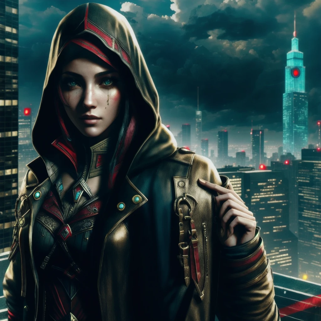 beautiful girl, cyberpunk, Assassin's Creed style, on the roof of a building, beautiful city, night, rainy weather