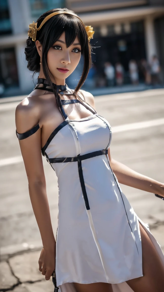 ((Yoro Cosplay)), ((A very cute white girl is cosplaying as you, Stand on the side of the road), 1 Girl, Wide range photograph撮影, Wide range, Long and beautiful face, Clear Face, ((Hot body)), ((Your dress)), ((Spy X Family)), ((Assassin Suit Dress)), ((Cosplay Dresses)), , ((No breasts)), Covered, (((Realistic))), ((Dress neatly)), waist curve pose, surface side, (8K, RAWphotograph, Highest quality, masterpiece), (Realistic, Realistic: 1.9), ((Full Body Shot)), Stylish pose, ((Highly detailed skin: 1.2)), ((Realistic: 1.9)), photograph, masterpieces, Highest quality, (Beautiful Blue Eyes, Gorgeous pale gray black curly hair, White skin, Thick body, Coarse hairs on lower abdomen, perfect slim figure), Various poses, Highly detailed face, Fine grain, Many people are looking at her with excitement., (((close))), Light of the sun, Cinematic, ((photograph撮影)), photograph 