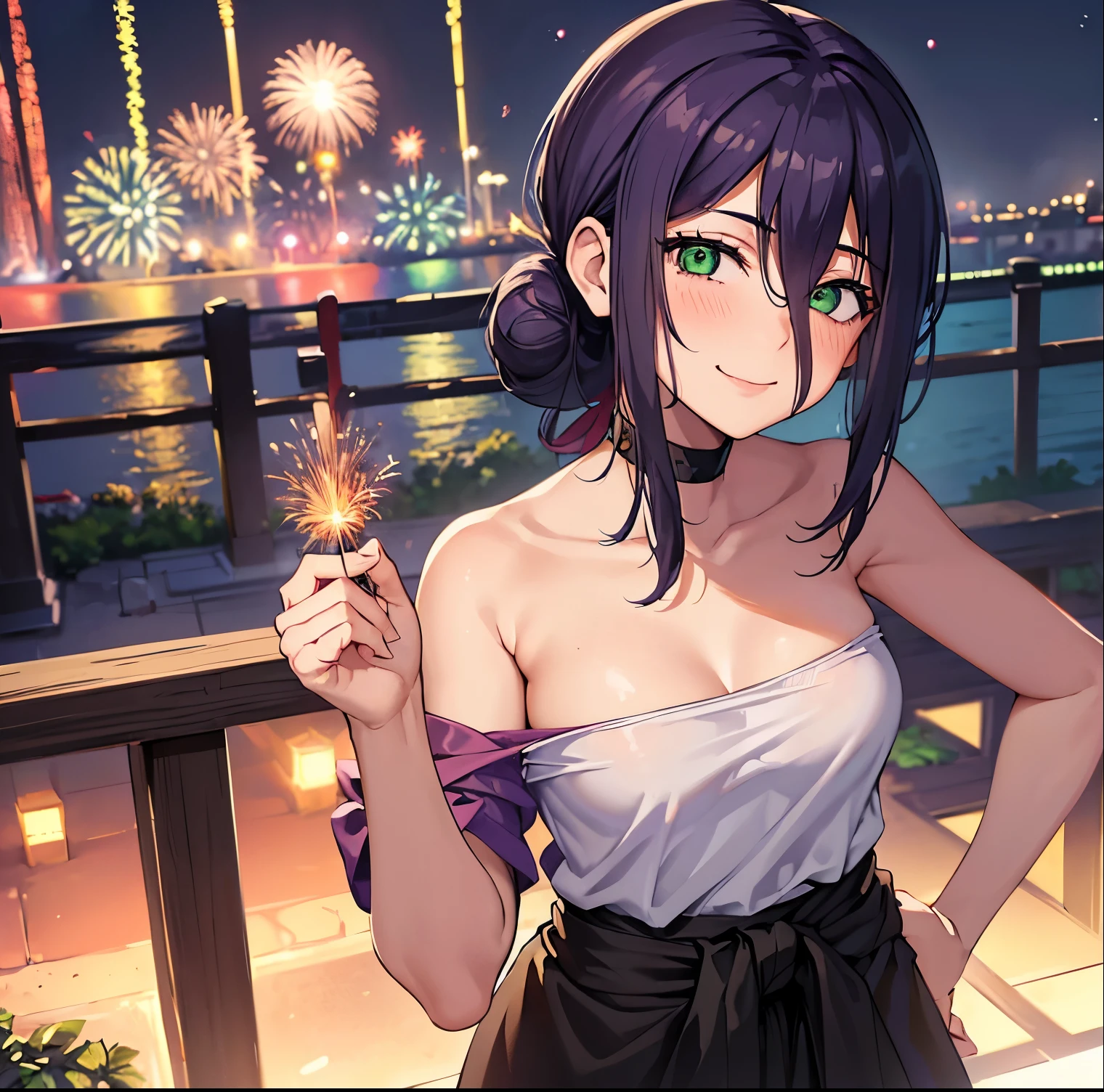 1girl,alone,reze (chainsaw-man),masterpiece,ultra detailed,detailed eyes,sharp focus,detailed background,perfect body,curvy body,cowboy shot,dynamic posture,looking at viewer,hands on hips,medium breasts , medium waist, wide hips, wide thighs, round butt, black choker choker, purple hair eyebrows hidden by hair, (green eyes: 1.5), hair between eyes, long bangs medium hair, smile, bare shoulders, black ribbon, pants black shorts, collar, collared shirt, black ribbon, shirt ribbon, shorts, sleeveless, (white shirt: 1.2), smile, (new year festival: 1.4, fireworks: 1.5, leaning on a railing: 1.3 night :1.3,moon:1.4,japan metropolis:1.3,city lights:1.3),looking forward,((focus on breasts)),pov(from middle)),perfect anatomy,perfect hands