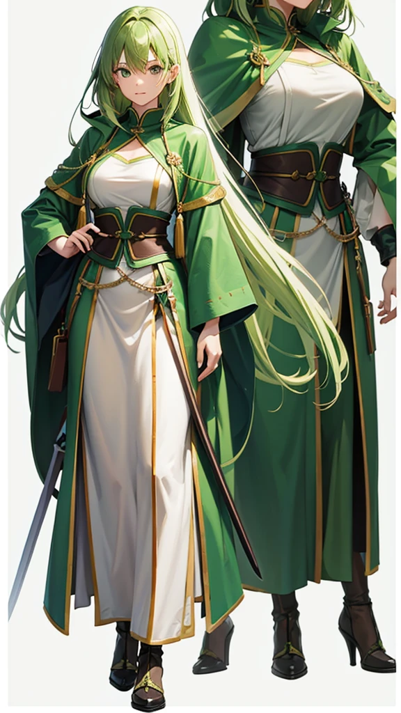 Green Hair, Brown robes, Female Swordsman, tall, Full body side view, View Viewer, Pure white background
