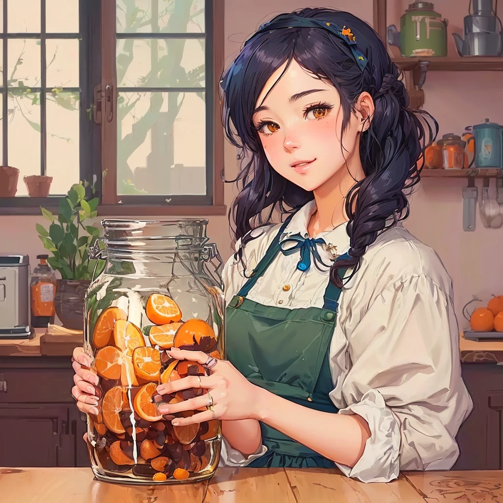 Anime girl holding a jar of oranges in the kitchen, detailed fan art, cute detailed digital art, Ian J., nice detailed work, lofi girl, change, Digital anime illustration, anime style illustration, inspired by Asaph Hanukkah, fan art, high quality fan art, Abigail of Stardew Valley, Correct hands and fingers, fix fingers