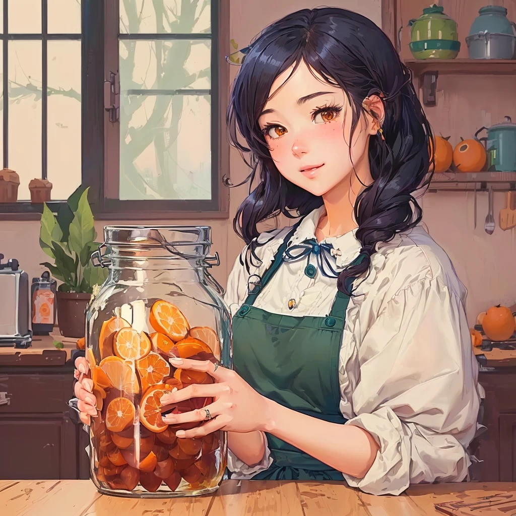 Anime girl holding a jar of oranges in the kitchen, detailed fan art, cute detailed digital art, Ian J., nice detailed work, lofi girl, change, Digital anime illustration, anime style illustration, inspired by Asaph Hanukkah, fan art, high quality fan art, Abigail of Stardew Valley, Correct hands and fingers, fix fingers 