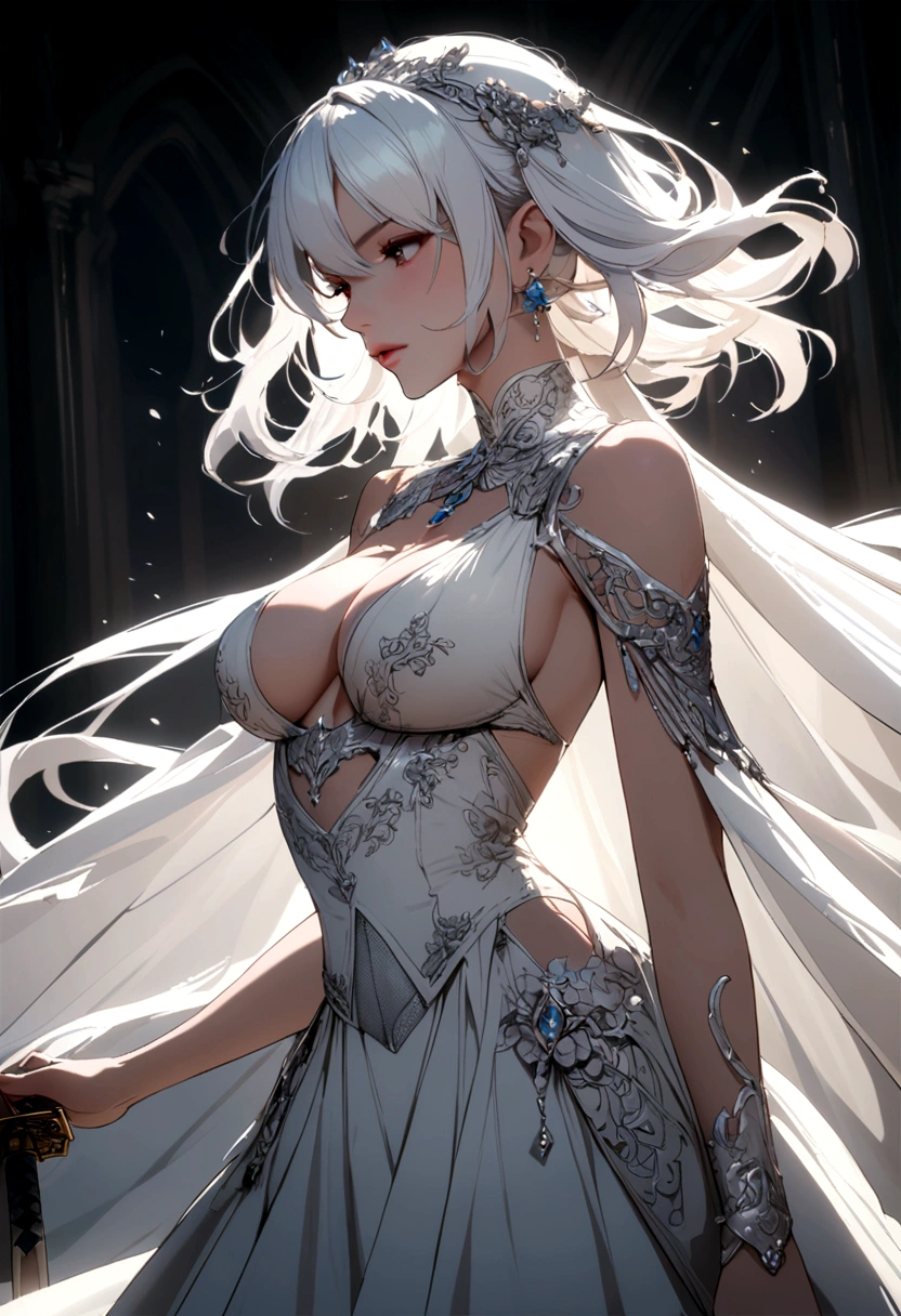 Busty woman with white hair and sword