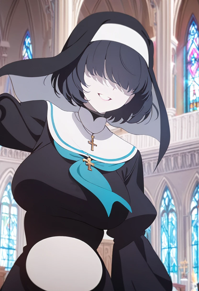 1girl, nun, cross, cross necklacke, jewelry, (black hair), (turquoise bangs), very short hair, hair over eyes, pale skin, turquoise eyes, black dress, church, smile, huge belly, (masterpiece), best quality, anime style

