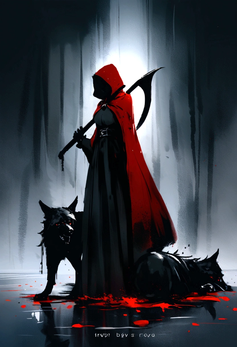 Gothic red riding hood holding the a bloody ax, standing over a dead wolf on the ground, bloody, fancy, comely, chic, Lens flare, intrincately detailed, blood splatters, tenebrosa, back-illuminated, Gothic, moonlights, forst, horor, grim, water colour, Illustrative, WLOP, oil on canvas