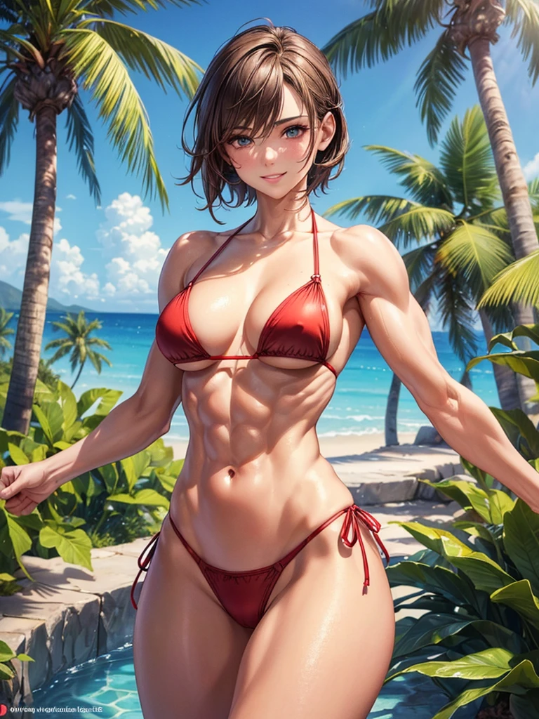 ,(best quality, ultra-detailed, realistic:1.37, masterpiece:1.2), woman, beautiful detailed eyes, beautiful detailed lips, brown hair tied up, smile,red micro bikini, (muscular body:1.1),slim figure, caustics, textile shading, toned body, clean abs, palm trees swaying, messy flipped short hair,