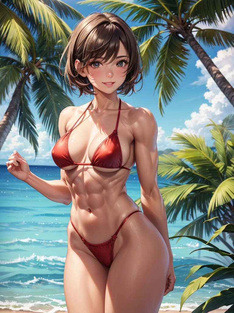 ,(best quality, ultra-detailed, realistic:1.37, masterpiece:1.2), woman, beautiful detailed eyes, beautiful detailed lips, brown hair tied up, smile,red micro bikini, (muscular body:1.1),slim figure, caustics, textile shading, toned body, clean abs, palm trees swaying, messy flipped short hair,