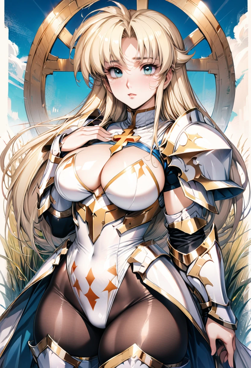 ((highest quality)), ((masterpiece)), ((hyperrealistic)), (detailed background), solo, 1girl, ((curvy: 1.2)), kawaii, ((wizard knight)), langrisser, blonde braided long hair, ((Large cross pattern white Leotard: 1.5)), (paladin armor), ((ArmoredDress)), ((Tight-fitting leotard bodysuit)), ((large breasts)), ((arm guard gauntlet)), metal breastplate, ((zettai ryouiki thigh boots)), (big butt), (cleavage cutout), (Groin), (thigh), (See-through black pantyhose), beautiful aqua eyes, droopy eyes, parted bangs, perfect face, Perfect hands, perfect fingers, Blue sky and grassland, posing,