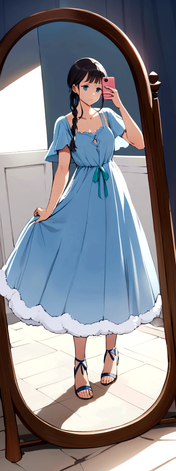 there is a woman taking a selfie in the mirror, wearing in a summer dress, wearing a long robe, long robe, in a dress, wearing dress, usando um long robe florido, dress open, wearing a dress, photo by full body, fluffy dress, summer dress, wearing dresses, full covered dress, wearing dress de verão, girl in a dress, long blue dress
