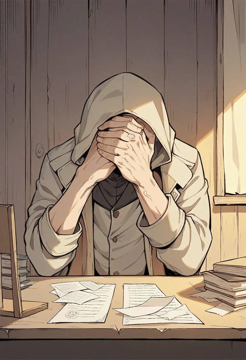 The Flash sitting at a desk, head in hands. Papers strewn all over tables, coat hanging in the corner, half opened filed with the name "DIBNY" written on it. Sun leaking into the room through the blinds. A sense of regret and loss, 