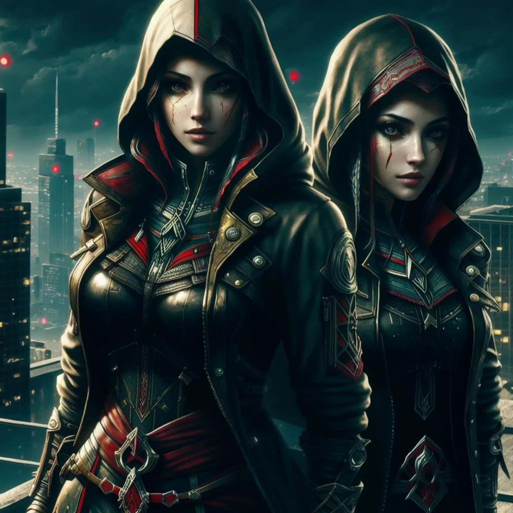 beautiful girl, cyberpunk, Assassin's Creed style, on the roof of a building, beautiful city, night, rainy weather