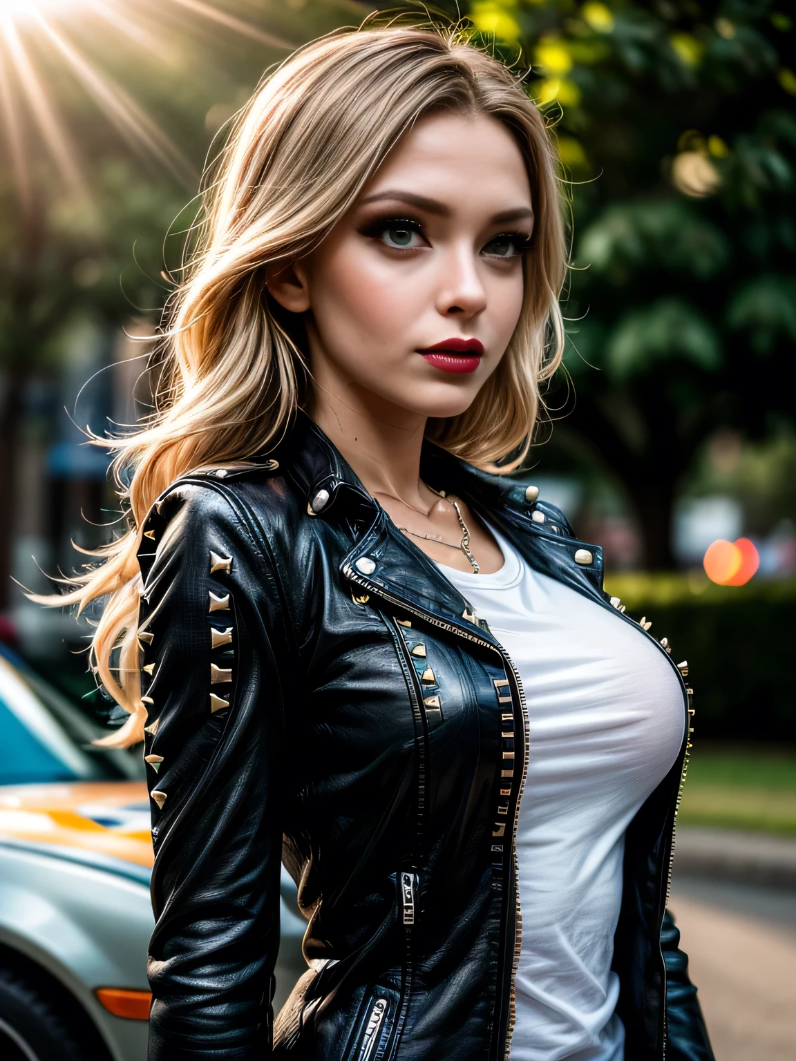 (masterpiece, photorealistic:1.4, extremely intricate:1.3, radiosity, photon mapping, dtx), ((20 year old skinny supermodel, ((25 years old), serious, long eyelashes, makeup:1.5), black leather coat, white t-shirt, (((zinc rivets), from below)), red lips)), ((([skin detail:freckles:0.7], portrait, closeup))), outdoor, NASCAR, faraway car race, professional photograph, (long curly [blonde hair:orange hair:0.4], wind), BREAK ((intense sunlight, ((film grain))), bokeh), BREAK, ((([medium breasts:large breasts:0.7])))